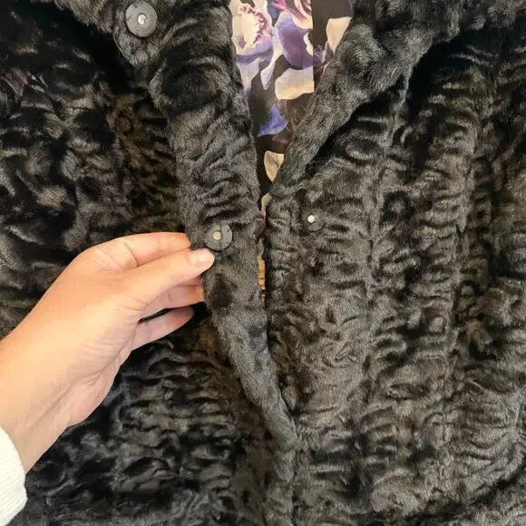 Eliza J Faux Fur Coat Womens Medium Black Teddy Snap Cozy Winter Floral Lined